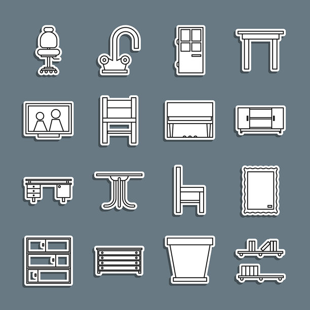 书架上放置书籍，图片，电视柜，关着的门，椅子，框架，办公椅和钢琴图标。矢量图。图片下载