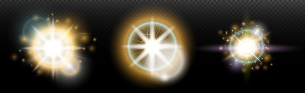 一组带有眩光和光晕的手电筒效果，背景透明。魔幻、彩虹光辉、闪耀的光线、星星、光学光晕，适用于设计、照片合成、新年和节日项目。图片下载