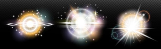 一组带有眩光和光辉的手电筒效果，背景透明。魔幻、彩虹光辉、闪耀的光线、星星、光学光晕，适用于设计、照片合成、新年和节日项目。图片下载