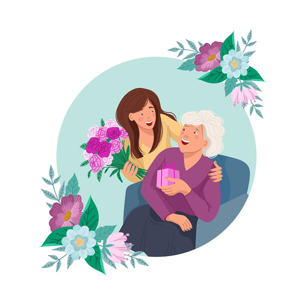 成年女儿和妈妈手捧鲜花图片下载