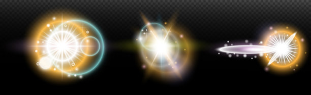 一组带有眩光和光晕的手电筒效果，背景透明。魔幻的彩虹光辉、闪耀的光线、星星、光学光晕，适用于设计、照片合成、新年和节日项目。图片下载