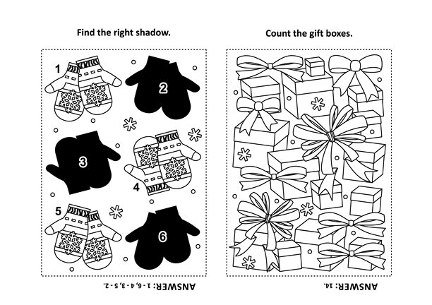 两个视觉谜题和儿童涂色页。为每幅编织手套的图片找到阴影。计算礼物盒的数量。黑白版。答案包含在内。图片下载