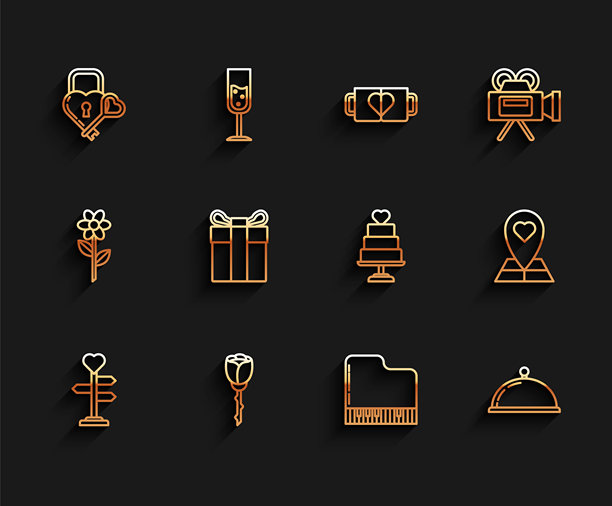 带心形的指示牌、玫瑰花、钥匙形状的城堡、大钢琴、盖着食物的托盘、礼品盒、地图指示器和婚礼蛋糕图标。矢量图。图片下载