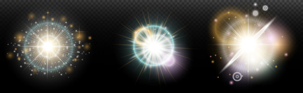 一组带有眩光和光晕的手电筒效果，背景透明。魔幻、彩虹光辉、闪耀的光线、星星、光学光晕，适用于设计、照片合成、新年和节日项目。图片下载
