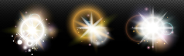 一组带有眩光和光晕的手电筒效果，背景透明。魔幻的彩虹光辉、闪耀的光线、星星、光学光晕，适用于设计、照片合成、新年和节日项目。图片下载