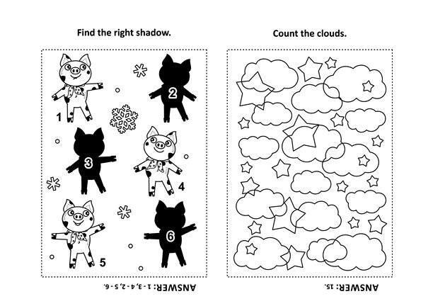 两个视觉谜题和儿童涂色页。为每张小猪的图片找到阴影。数一数云朵。黑白色。答案包含在内。图片下载