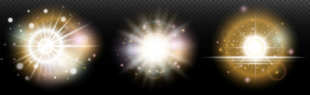 一组带有眩光和光晕的闪光效果，背景透明。魔幻、彩虹光辉、闪耀的光线、星星、光学光晕，适用于设计、照片合成、新年和节日项目。图片下载