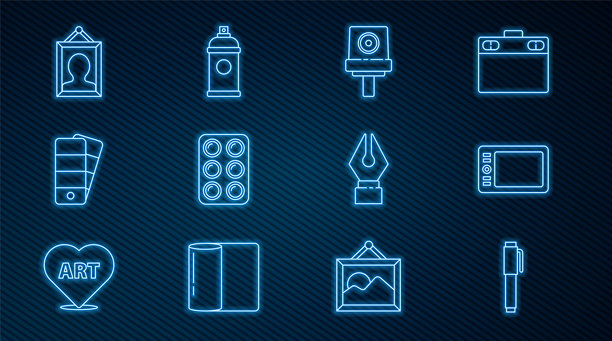 设置线条笔、图形平板、喷雾罐喷嘴盖、水彩颜料盒、调色板、图片、钢笔笔尖和喷漆图标。矢量图。图片下载