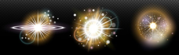 一组带有眩光和光晕的闪光效果，背景透明。魔幻、彩虹光辉、闪耀的光线、星星、光学光晕，适用于设计、照片合成、新年和节日项目。图片下载