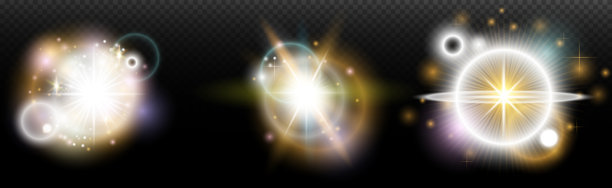 一组带有眩光和光晕的闪光效果，背景透明。魔幻、彩虹光辉、闪耀的光线、星星、光学光晕，适用于设计、照片合成、新年和节日项目。图片下载