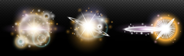 一组带有眩光和光晕的手电筒效果，背景透明。魔幻、彩虹光辉、闪耀的光线、星星、光学光晕，适用于设计、照片合成、新年和节日项目。图片下载