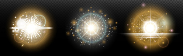 一组带有眩光和光晕的闪光效果，背景透明。魔幻、彩虹光辉、闪耀的光线、星星、光学光晕，适用于设计、照片合成、新年和节日项目。图片下载