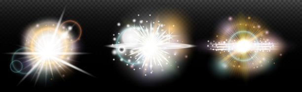 一组带有眩光和光晕的闪光效果，背景透明。魔幻、彩虹光辉、闪耀的光线、星星、光学光晕，适用于设计、照片合成、新年和节日项目。图片下载