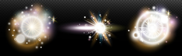 一组带有眩光和光晕的闪光效果，背景透明。魔幻、彩虹光辉、闪耀的光线、星星、光学光晕，适用于设计、照片合成、新年和节日项目。图片下载