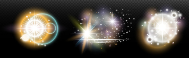 一组带有眩光和光晕的闪光效果，背景透明。魔幻、彩虹光辉、闪耀的光线、星星、光学光晕，适用于设计、照片合成、新年和节日项目。图片下载