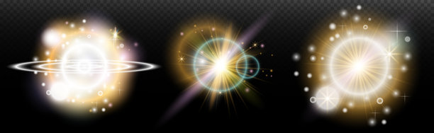 一组带有眩光和光晕的闪光效果，背景透明。魔幻、彩虹光辉、闪耀的光线、星星、光学光晕，适用于设计、照片合成、新年和节日项目。图片下载