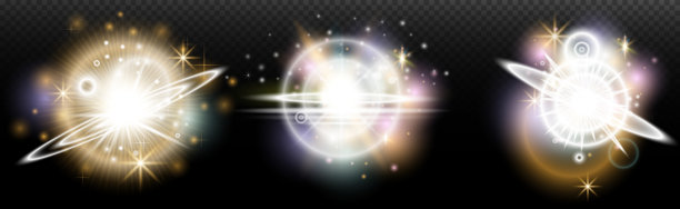 一组带有眩光和光晕的闪光效果，背景透明。魔幻、彩虹光辉、闪耀的光线、星星、光学光晕，适用于设计、照片合成、新年和节日项目。图片下载