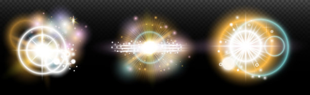 一组带有眩光和光晕的闪光效果，背景透明。魔幻、彩虹光辉、闪耀的光线、星星、光学光晕，适用于设计、照片合成、新年和节日项目。图片下载
