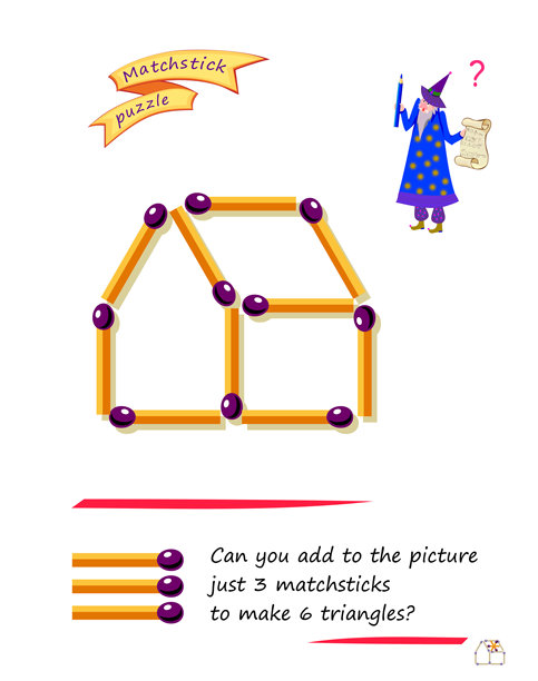 逻辑拼图游戏，适合聪明人。你能在图片中仅添加3根火柴棍来形成6个三角形吗？脑筋急转弯书的页面。培养空间思维能力。矢量插图。图片下载