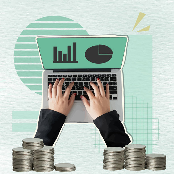 现代拼贴风格的女商人正在用笔记本电脑分析财务数据，旁边有硬币，矢量插图图片下载