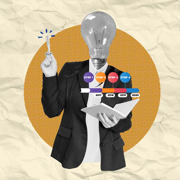 创意商人头部是灯泡，手持笔记本并指示步骤，色彩丰富的拼贴画，矢量插图图片下载