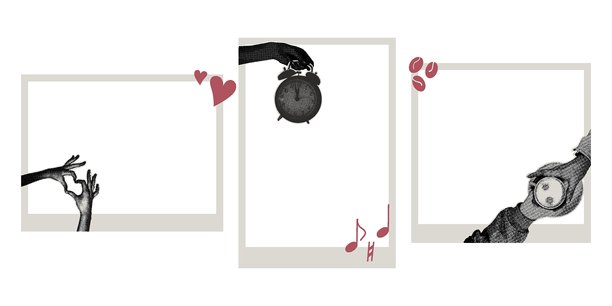 时尚的半色调拼贴画，带有照片框。即时照片框的概念模板，配有半色调贴纸，享受咖啡时光，放松时刻，照片专辑，回忆，爱。图片下载