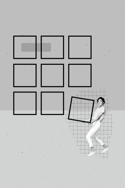 海报草图图像艺术作品 3D 照片拼贴，展示年轻女性在工作场所的职业形象，微笑着走路，手中握着立方体形状的物体。图片下载