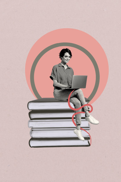 快乐学生女孩坐在书堆上，进行图书馆阅读，教育概念，使用笔记本电脑的纵向照片拼贴。图片下载