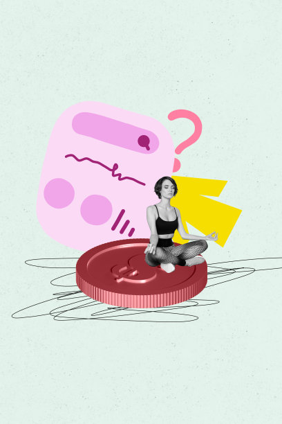 年轻女士坐在硬币上冥想，思考与工作、薪资、交易和财富相关的问题的3D照片拼贴艺术作品图片下载