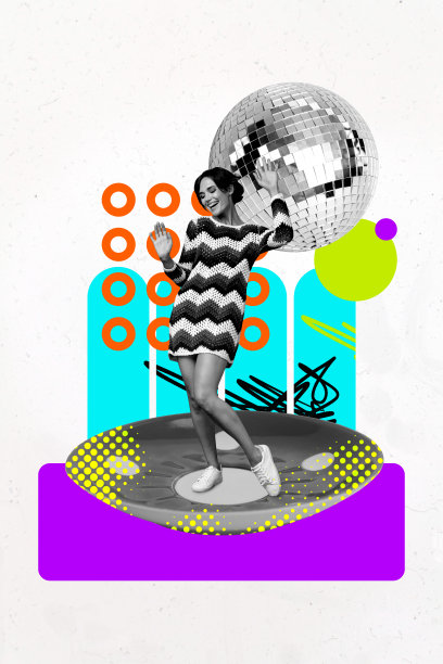 休闲娱乐夜晚周末的3D照片拼贴画，年轻女士微笑着站在舞池中跳舞，背景有迪斯科球。图片下载
