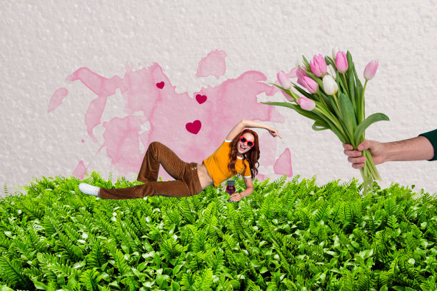 3D照片拼贴模板趋势艺术作品，年轻女士躺在草地上，手持鸡尾酒和郁金香花束，春季植物。图片下载
