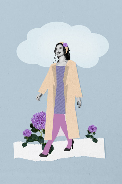 模板海报趋势艺术作品 3D 照片拼贴，女性日盛开的绣球花，春季假日，年轻女士模特微笑走路，时尚造型图片下载