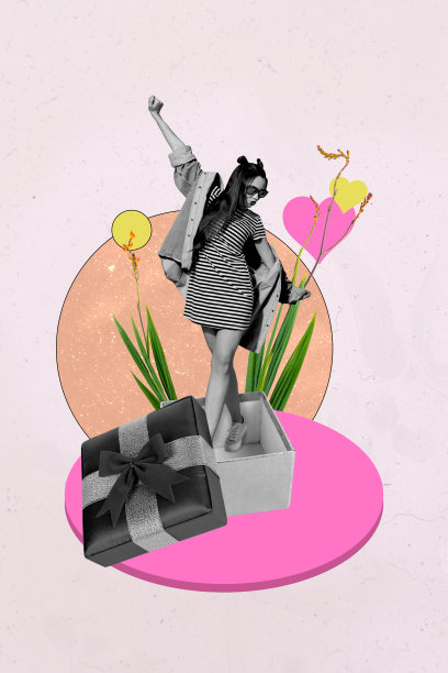独特的垂直照片拼贴，展示快乐的嬉皮女孩从礼物盒中探出头来，庆祝国际妇女节假日图片下载
