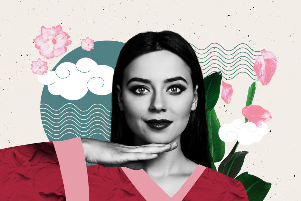 年轻女性肖像的趋势艺术复合3D照片拼贴设计，摆姿势于云朵、花朵和叶子之间，体现东方民族文化传统。图片下载