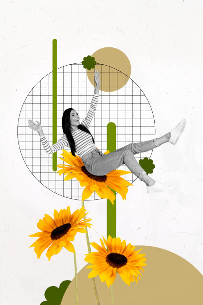 独特的垂直照片拼贴，兴奋的女孩坐在向日葵花蕾旁，庆祝春季活动，公园散步。图片下载