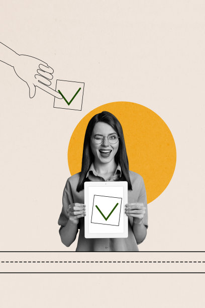 年轻女性微笑着手持协议书，展示同意雇佣的趋势艺术拼贴横幅照片，适合创业者和人力资源领域。图片下载