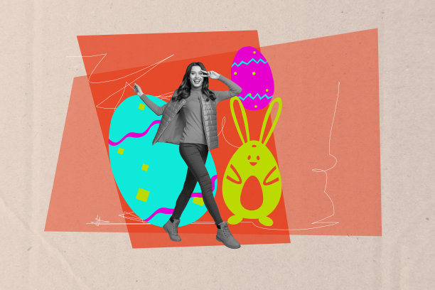 创意照片拼贴，展示春季传统节日的兔子和鸡蛋，年轻女性微笑着走路，做出两指手势。图片下载
