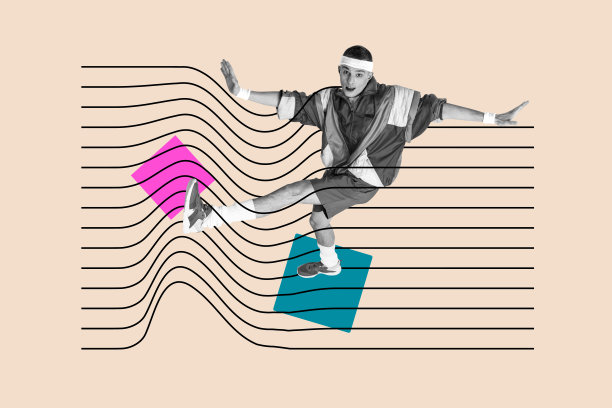 照片拼贴模板趋势艺术作品草图，留白线条插图，立方体形状，年轻男子穿着运动服装，跳舞复古服饰图片下载