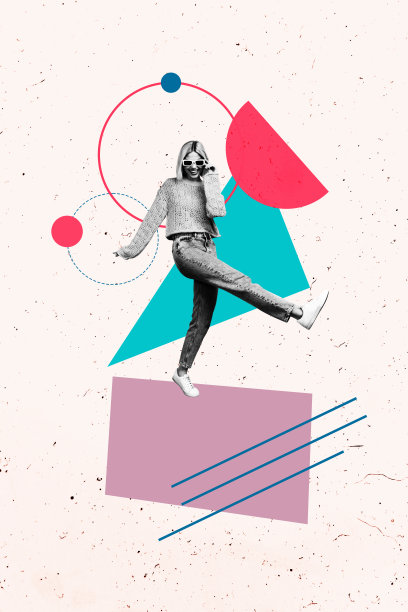 趋势艺术创意草图 3D 照片拼贴，年轻女士走步，抽象空间，手持太阳镜，线条人物元素，旅程图片下载