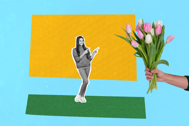 剪影年轻女性手指指向礼物，手中握着郁金香花束的照片拼贴设计模板图片下载