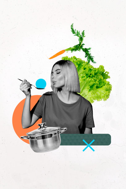 艺术图像，垂直照片拼贴，女厨师在厨房用锅煮蔬菜，爱好饮食健康烹饪。图片下载