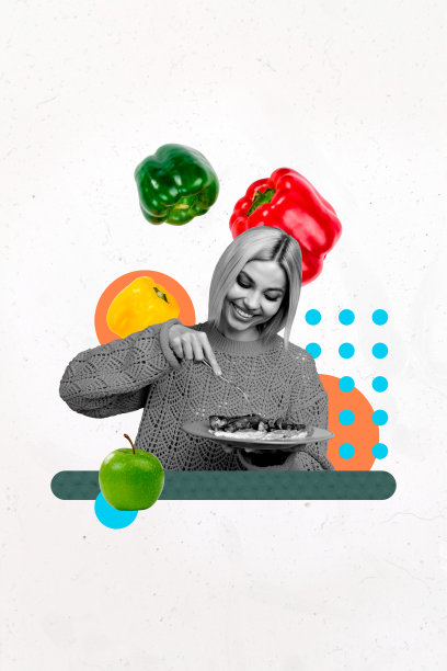 3D照片拼贴艺术作品，展示年轻女性厨师的有机饮食，手持菜肴、胡椒、蔬菜和苹果。图片下载