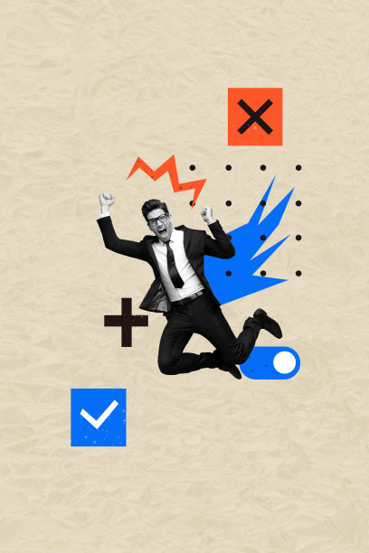 愤怒商人的海报图像，垂直照片拼贴，跳跃的开关图标，勾选的批准标志，交叉的阻止图标按钮图片下载