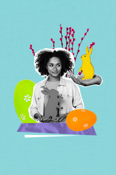 年轻微笑女孩手持兔子，野生动物，吃东西，狩猎，节日庆祝，彩绘蛋的创意竖向照片拼贴图片下载