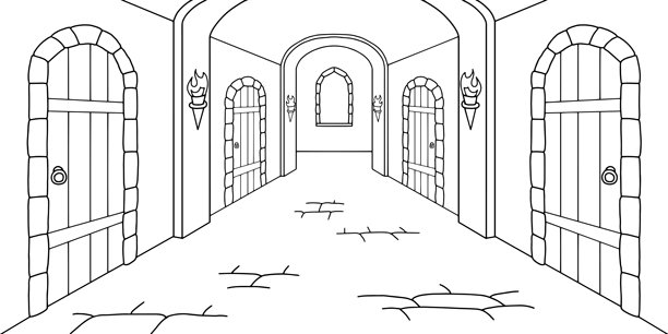 中世纪城堡走廊内部图形黑白素描插图矢量图图片下载