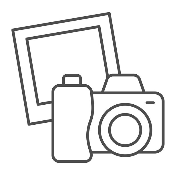 相机与照片纸的细线图标，展览概念。矢量图形。白色背景上的摄影相机图标，适用于移动或网页设计的轮廓风格图标。图片下载