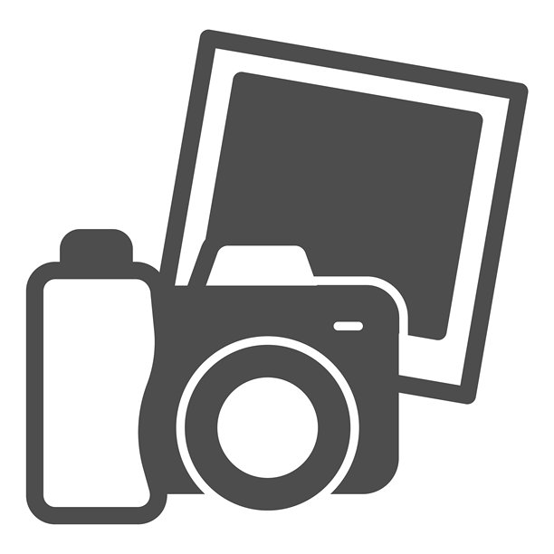 相机与照片纸的实心图标，展览概念。矢量图形。白色背景上的摄影相机图标，摄影标志，适用于移动或网页设计的图形风格图标。图片下载