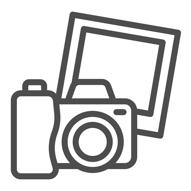 相机与照片纸的线条图标，展览概念。矢量图形。白色背景上的摄影相机图标，适用于移动或网页设计的轮廓风格图标。图片下载