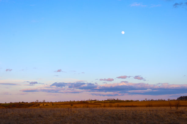 这张照片描绘了一个宽广的黄昏景观，蓝色天空的右上角挂着一轮明月。前景是一片干枯的草地，散发着金色的光辉。图片下载