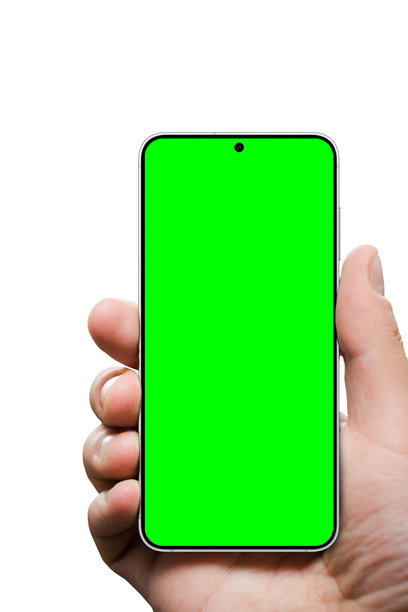 手持现代安卓智能手机，屏幕为绿色，背景为白色图片下载